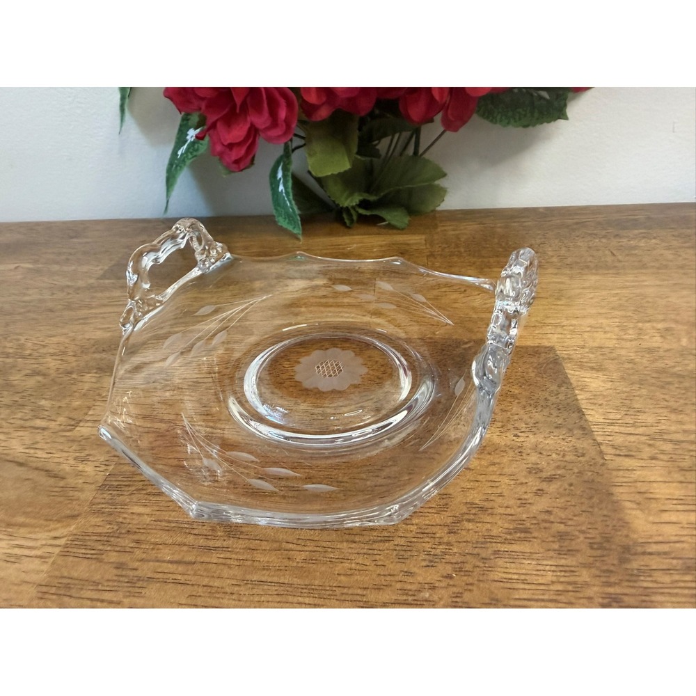 Vintage Etched Cornflower Clear Glass Handled Bowl Dish Elegant MCM Dining Decor